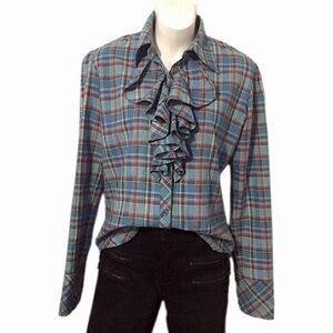IVY Women’s Plaid Pirate Ruffle Button Down Collared Long Sleeve Colorful Shirt